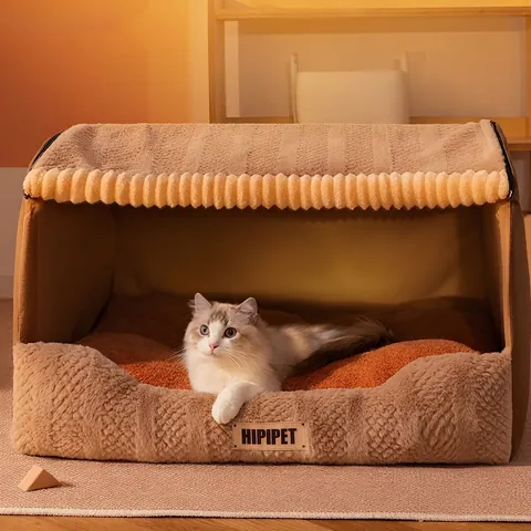 Enclosed Pet Bed Warm Thickened Cat House Plush Soft Faux Fur Removable Anti Slip Washable Indoor For Cats And Dogs