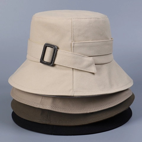 Bucket Hat Baumwolle Canvas Sonnenschutz Outdoor Flat Top Faltbar Leder Schnalle Dekoration Damen