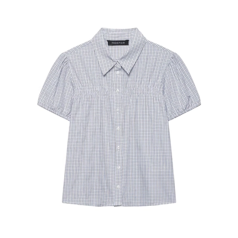 Women Gingham Plaid Short Sleeve Shirt Polyester Puff Sleeve Smocked Button Down Blouse Collar Top Sweet Chic