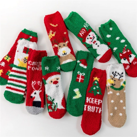Calze Natalizie Pile Di Corallo Ispessito Caldo Peluche Pavimento Sonno Calzini Festivi Motivi Babbo Natale Renne Donne Uomini