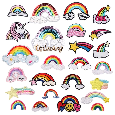 Rainbow Unicorn Star Embroidered Patches Sequin Iron On Polyester Heat Adhesive DIY Decoration For Clothing Backpack Cartoon Cute