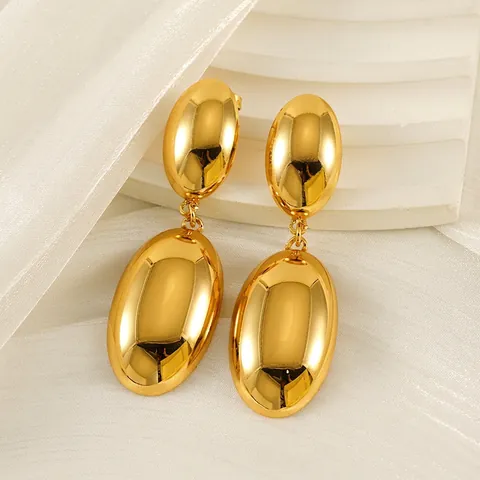 Double Oval Dangle Earrings 18K Gold Plated Stainless Steel Geometric Minimalist Mirror Polish Retro Drop Jewelry Women