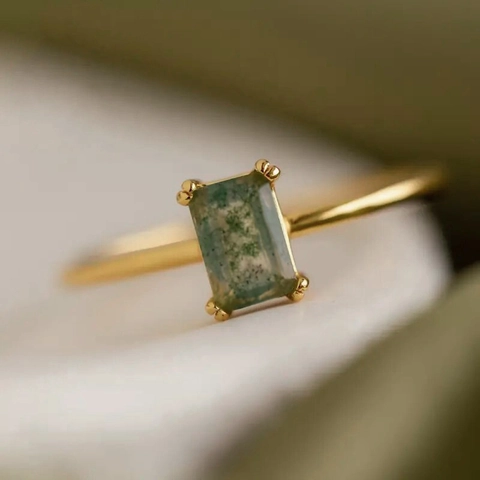 Rectangular Green Moss Agate Texture Stone Ring Copper Gold Plated Minimalist Retro Geometric Jewelry For Women