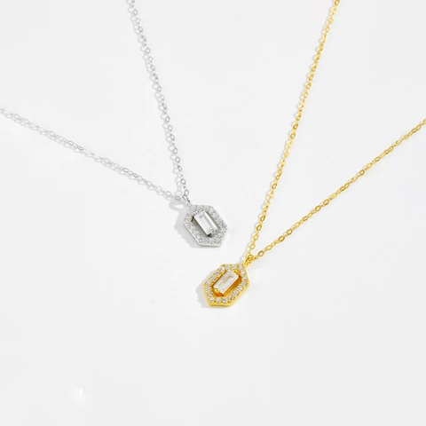 925 Argento Sterling Esagonale Pendente Collana Elegante Zirconia Intarsiato Catena Clavicola Gioielli Accessori per Donna Festa