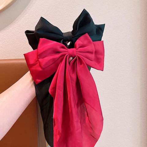 Large Satin Bow Hair Clip With Long Streamers Solid Color Elegant Fabric Spring Barrette Headwear For Women