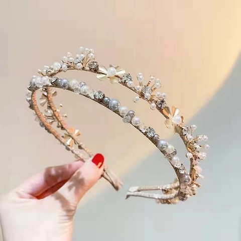 Diadema Elegante De Doble Capa Con Perlas Artificiales Y Flores Para Mujer Diadema De Aleación Con Cristales Accesorios Dulces Para Cabello