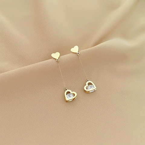 Lange Quasten-Ohrringe Edelstahl Vergoldet Zirkonia Geometrisches Herz Stern Rhombus Koreanischer Stil Damen