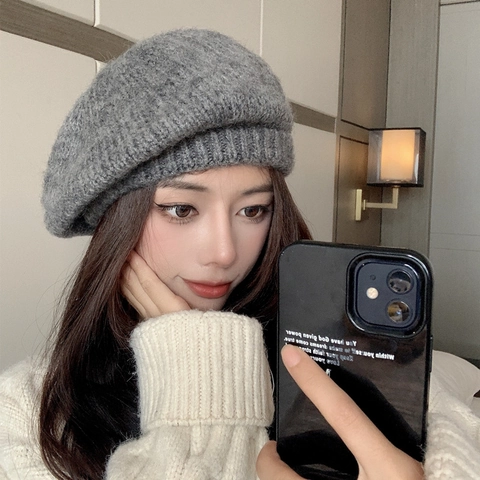 Women Knitted Beret Hat Solid Color Acrylic Winter Warm Painter Hat French Style Lightweight Mohair Like Knit Hat Accessory