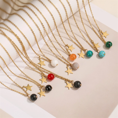 Edelstahl Stern Naturstein Anhänger Halskette Für Damen Gold Silber Minimalistisch Elegant Mode Schlüsselbein Kette Schmuck
