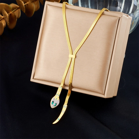 Snake Head And Tail Snake Chain Necklace Stainless Steel Gold Plated Green White Rhinestone Women Fashion