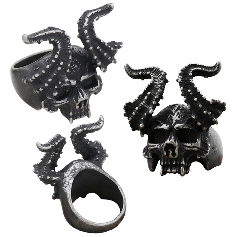 Punk Skull Ring Stainless Steel Goat Head Vintage Gothic Retro Heavy Metal Style Jewelry For Men