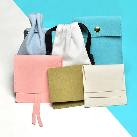 Microfiber Suede Jewelry Pouch Drawstring Snap Button Envelope Bags For Rings Earrings Necklace Small Gift Packaging Elegant