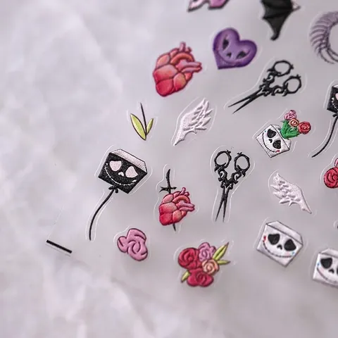 Adesivi Per Unghie Gotici Halloween Rilievo Amore Diavolo Teschio Pipistrello PET Trasparente Decorazione Manicure