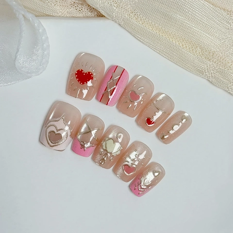 Handgefertigte Aufklebbare Nägel Katzenauge Herz Abnehmbare Künstliche Nägel Rosa Champagner Gold Glitzer Süßer Stil