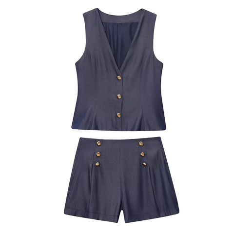 Gilet Senza Maniche Da Donna E Pantaloni Larghi A Vita Alta E Pantaloncini Blu Notte Con Bottoni Dorati Tessuto Business Casual