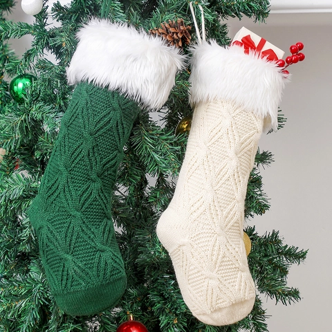 Christmas Stocking Knit Acrylic With Faux Fur Cuff Diamond Pattern Holiday Party Fireplace Hanging Decoration Gift Bag