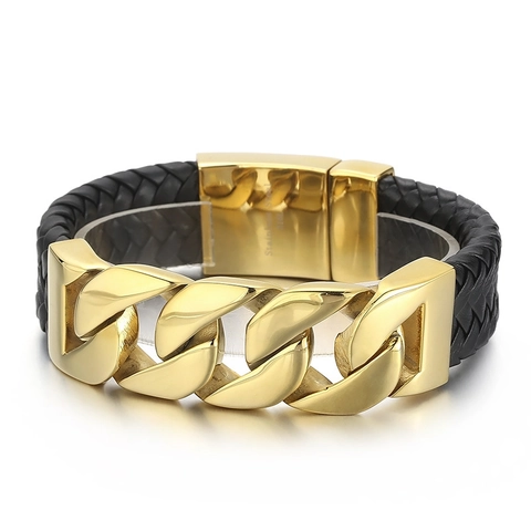 Men's Wide Cuban Link Chain Bracelet Stainless Steel And Braided Leather Punk Hip Hop Fashion Jewelry