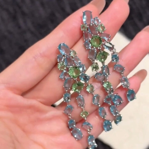 Geometric Oval Tassel Earrings With Zircon And Silver Earring Post Blue Green Alloy Dangle Jewelry For Women Elegant