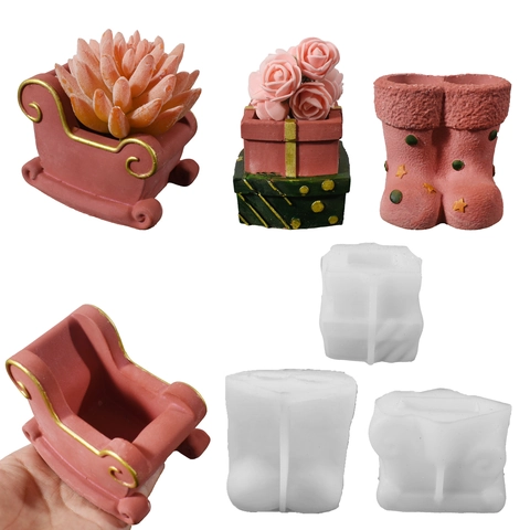 Moldes De Silicona De Navidad Trineo Caja De Regalo Forma Bota Para Maceta DIY Yeso Vela Decoración Festiva