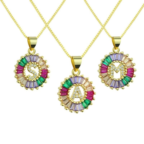Alphabet Letter Round Pendant Necklace Multi Color Baguette Cubic Zirconia Pave Initial Copper Gold Plated Jewelry