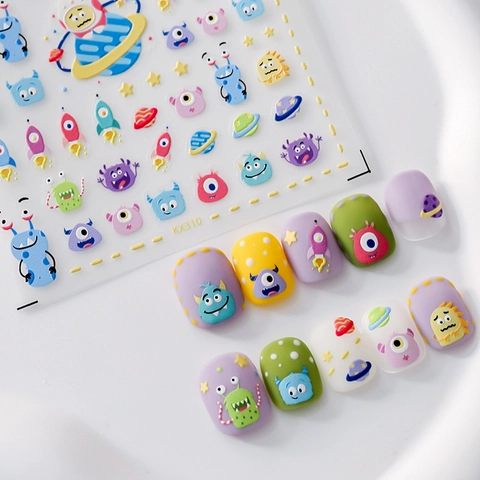 3D Relief Nail Art Stickers Ultra Thin Self Adhesive Cartoon Monster Space Planet Theme PET Decals For Manicure