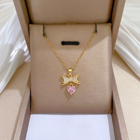 Bowknot Rosa Herz Anhänger Halskette Edelstahlkette Kupfer Zirkon Eingelegt Eleganter Schlüsselbein Schmuck Für Damen