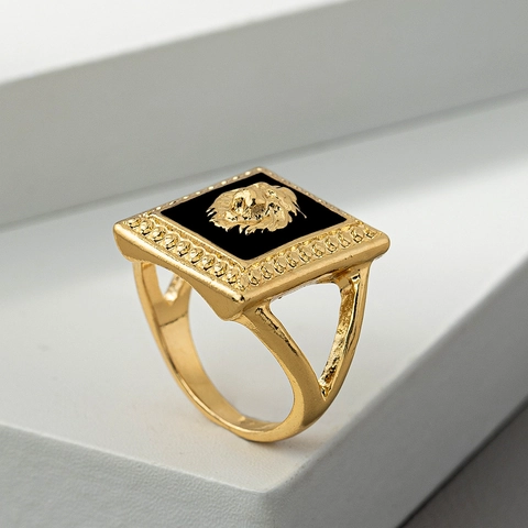 Men Hip Hop Lion Head Square Alloy Ring Gold Plated Black Enamel Relief Punk Streetwear Retro Fashion Jewelry