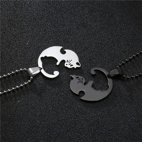 Cat Pendant Necklace Stainless Steel Yin Yang Matching Heart Puzzle Polished For Couples Men Women Hip Hop Jewelry