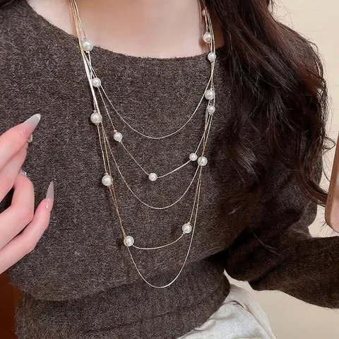 Collana Lunga Multistrato Catena Dorata Imitazione Perla Artificial Occhio Di Tigre Künstliche Perle Di Vetro Catena Per Maglione Gioielli Eleganti Da Donna