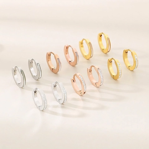 Pendientes de Aro de Acero Inoxidable para Mujer Estilo Coreano Minimalista Incrustaciones de Concha y Strass Joyería