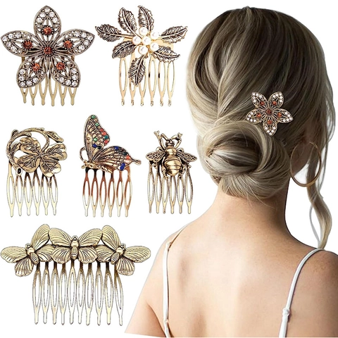 Vintage Hair Combs Alloy Rhinestone Faux Artificial Pearl Decorative Floral Butterfly Bee For Women Wedding Party Accessories
