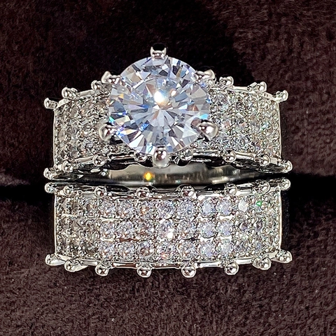 Sparkling Zircon Layered Rings For Women Copper White Gold Plated Round Solitaire Prong Bridal Engagement Jewelry