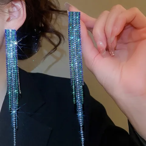 Orecchini Lunghi Con Nappa Per Donna Con Perno In Argento Sterling 925 Strass Sfumato Blu Verde Gioielli In Rame