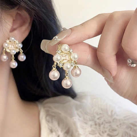 French Retro Faux Artificial Pearl Dangle Earrings Pink Square Crystal Rhinestone Alloy Elegant Jewelry For Women