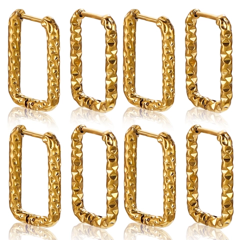 Niche Geometric Rectangular Stainless Steel Hoop Earrings Hammered Texture Irregular Metal Ear Buckle Unisex Fashion Jewelry