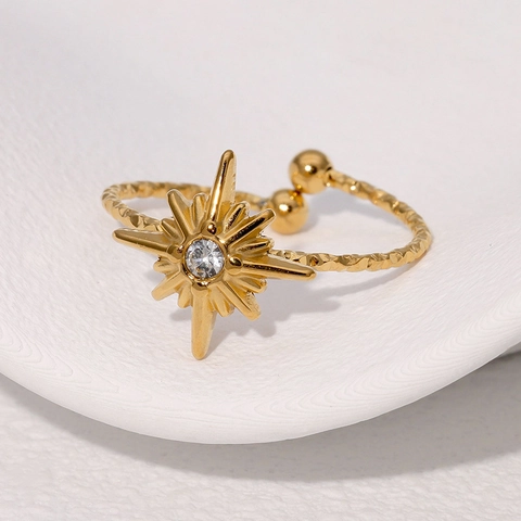 Edelstahlring Offen Verstellbar Mit Achtzackigem Stern Hammerschlag Textur Zirkon Minimalistischer Schmuck Für Damen