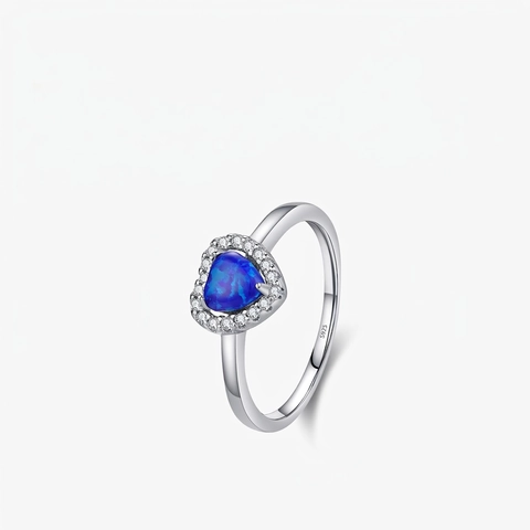 925 Sterling Silver Heart Ring With Blue Opal And White Zirconia Halo Elegant Original Design Jewelry For Women