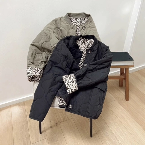 Veste Matelassée Femme Doublure Imprimé Léopard Col Rond Bouton Simple Casual Large Manteau En Coton