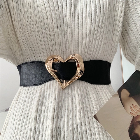 Sweet Heart Buckle Elastic Waist Belt For Women Wide Corset Faux Leather Waistband For Dresses Shirts Fashion Accessories