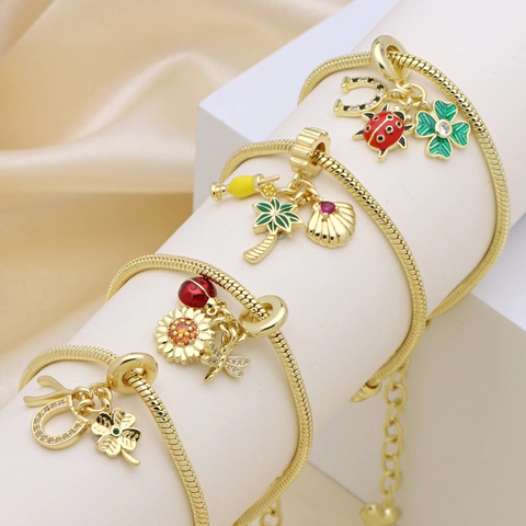 Kupfer Schlangenkette Armband 18K Vergoldet Emaille Marienkäfer Kleeblatt Zirkon Anhänger Schmuck Für Frauen
