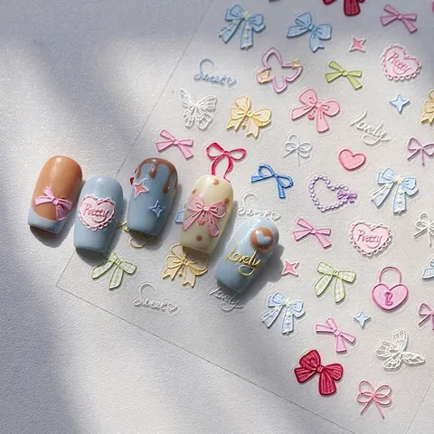 Pegatinas Uñas Relieve 3D Patrones Lazos Corazón Mariposa Relieve 5D Auto Adhesivas Dulce Minimalista Calcomanías Uñas DIY
