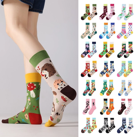 Baumwolle Asymmetrische Crew Socken AB Socken Cartoon Muster Lässige Mittelhohe Socken Trendige Personalisierte Mehrfarbige Socken