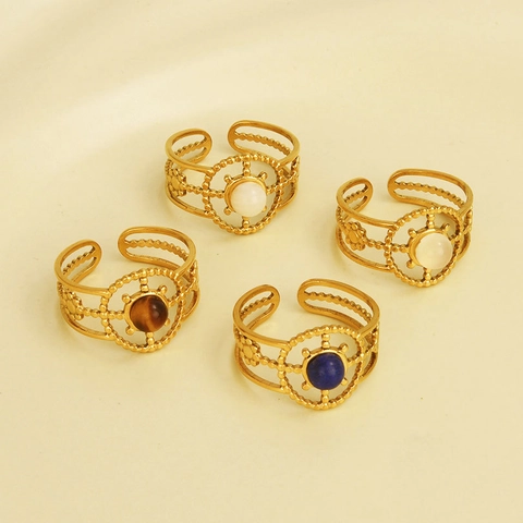 Bague Ajustable Ouverte En Acier Inoxydable 304 Pierre Naturelle Style Rétro Français Bohème Plaqué Or Pour Femme