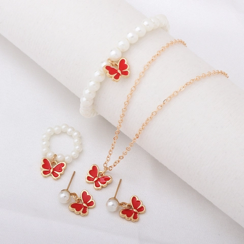 Vlinder Kunstparel Ketting Armband Ring En Oorknopjes Legering Emaille Zoete Mode-Sieraden Voor Vrouwen Meisjes