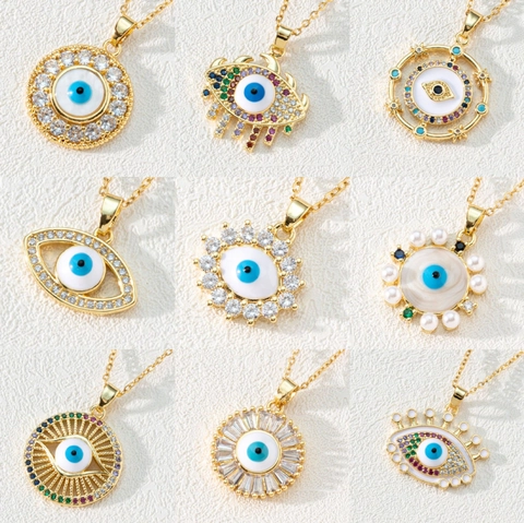 Evil Eye Pendant Necklace Copper 18K Gold Plated Cubic Zirconia Enamel Bohemian Ethnic Jewelry For Women