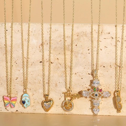 Böhmische Retro Kupfer Zirkonia Emaille Anhänger Halskette Für Damen Vergoldet Böser Blick Kreuz Schmetterling Herz Schmuck