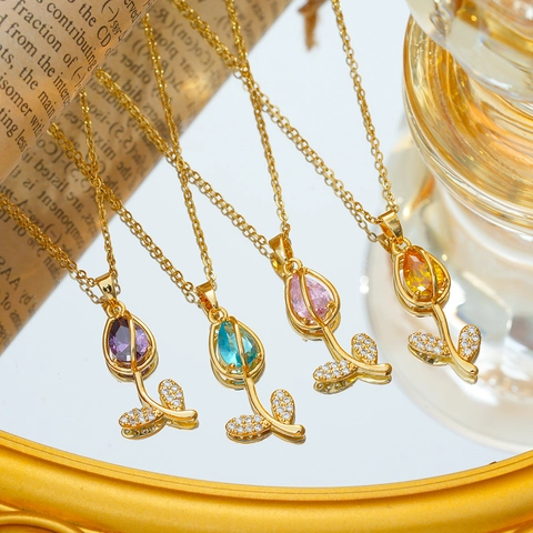 Tulp Hanger Ketting Goud Verguld Titanium Staal Zirkoon Bloemen Elegant Sieraden Voor Vrouwen Modieus