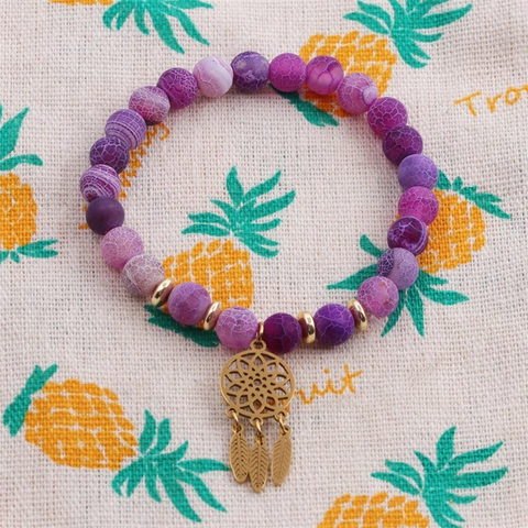 Bracciale Di Perline Pietra Stile Agata Crepata Viola Con Acchiappasogni E Piume In Acciaio Inossidabile Gioielli Boho