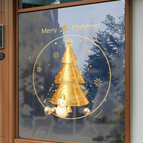 Golden Christmas Window Sticker Static Cling Tree Snowman PVC Double Sided Glass Decals Festive Home Mall Decoration