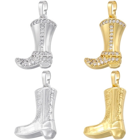 Western Cowboy Boot Pendant Necklace Copper Zircon Inlaid Vintage Engraved High Heel Shoe Charm For Women